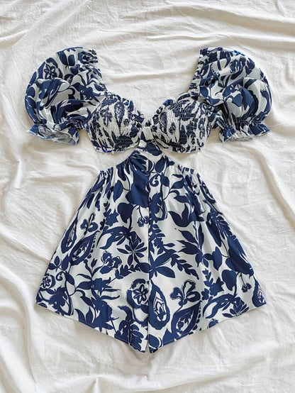 Damen Sommer Jumpsuit mit Tropenblatt-Print und Puffärmeln – Perfekt für Urlaub, Strand und Gartenparty