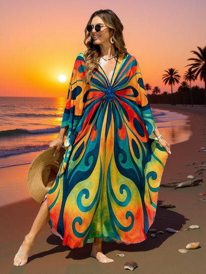 Damen Kaftan Maxi Strandkleid mit Batikmuster – Boho Überwurf für Urlaub & Strand