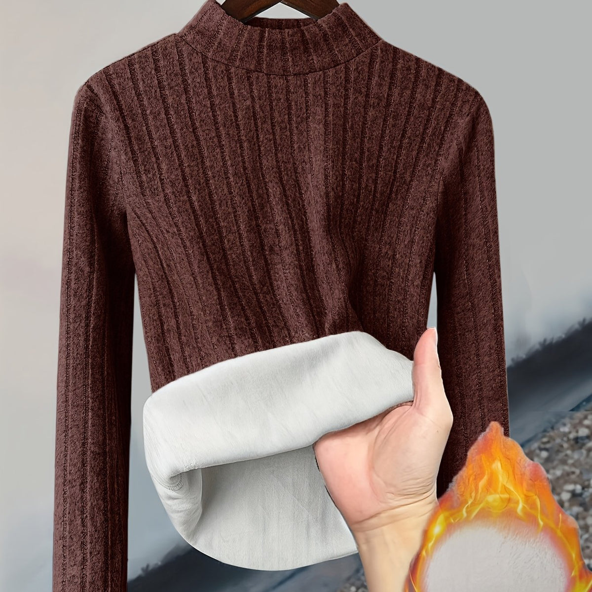 Damen Pullover Rippstrick Stehkragen Warme Fleecefütterung Langarm