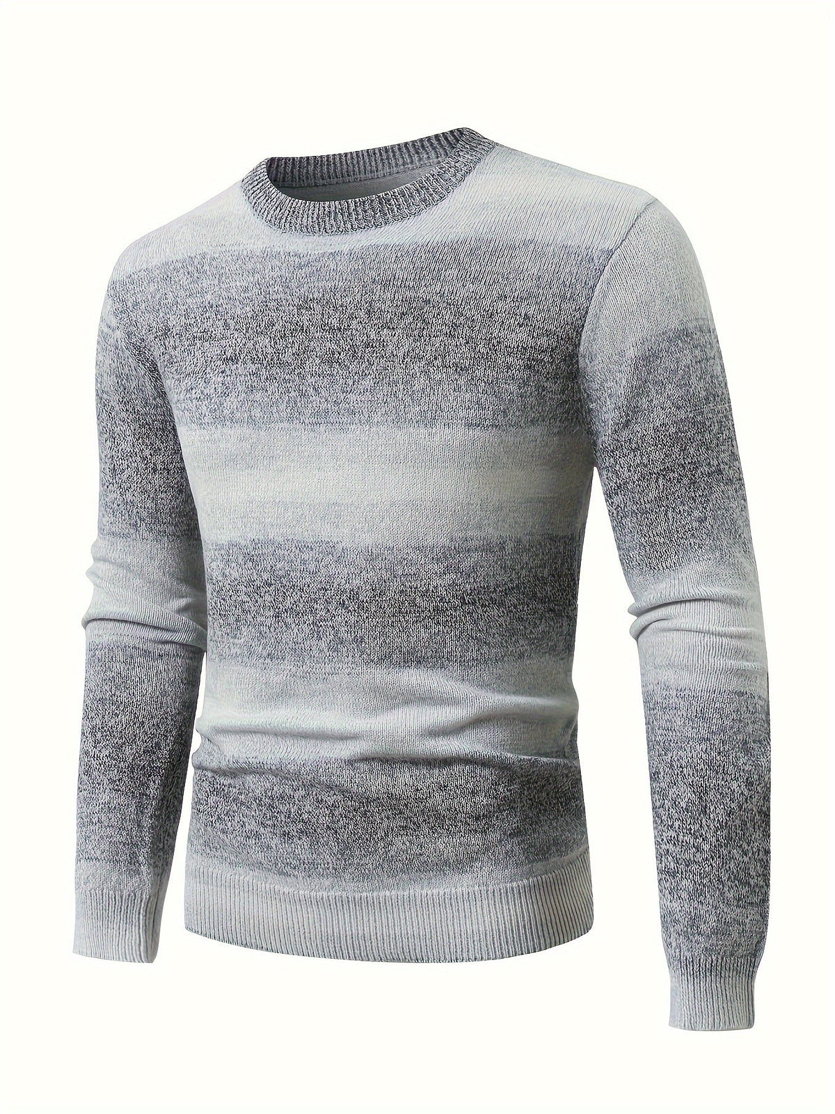 Herren Strickpullover Rundhals Grau-Weiß Gestreift Langarm