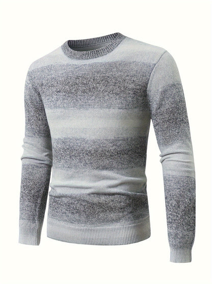 Herren Strickpullover Rundhals Grau-Weiß Gestreift Langarm