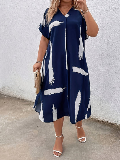 Damen Tunika Kleid im lockeren Oversize-Stil – Modernes Freizeitkleid mit V-Ausschnitt und Pinselstrich-Print