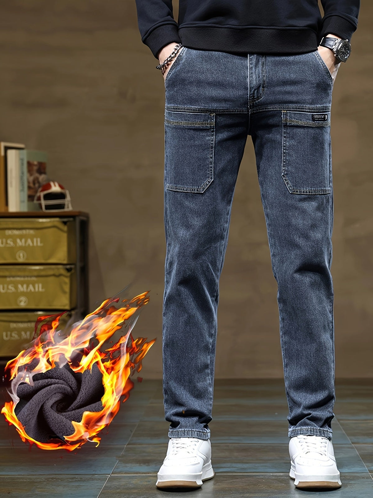 Herren Winter Jeans Hose gefüttert mit Cargotaschen Schwarz