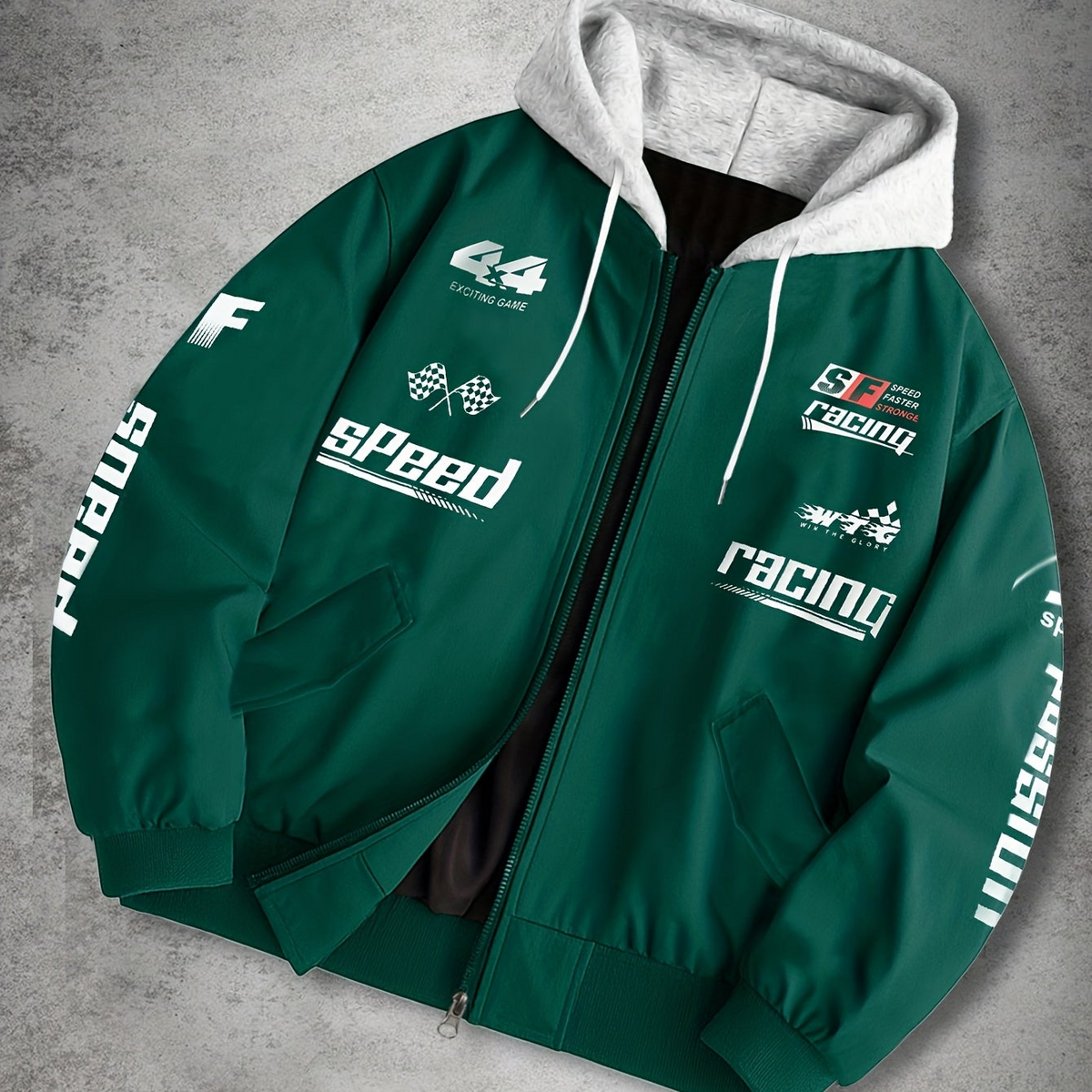 Unisex Racing Bomberjacke mit Kapuze und Reißverschluss, Grau
