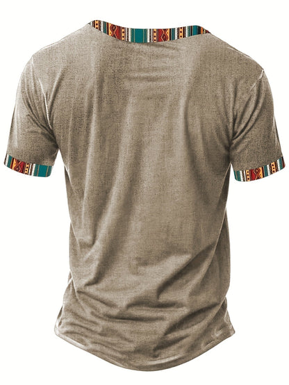 Herren Ethno Freizeitshirt mit Musterdetails und V-Ausschnitt – Modernes Kurzarmhemd für Alltag und Urlaub