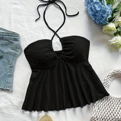 Damen Halter Babydoll Top mit Stickerei und Vintage-Charme – Verspieltes Sommertop