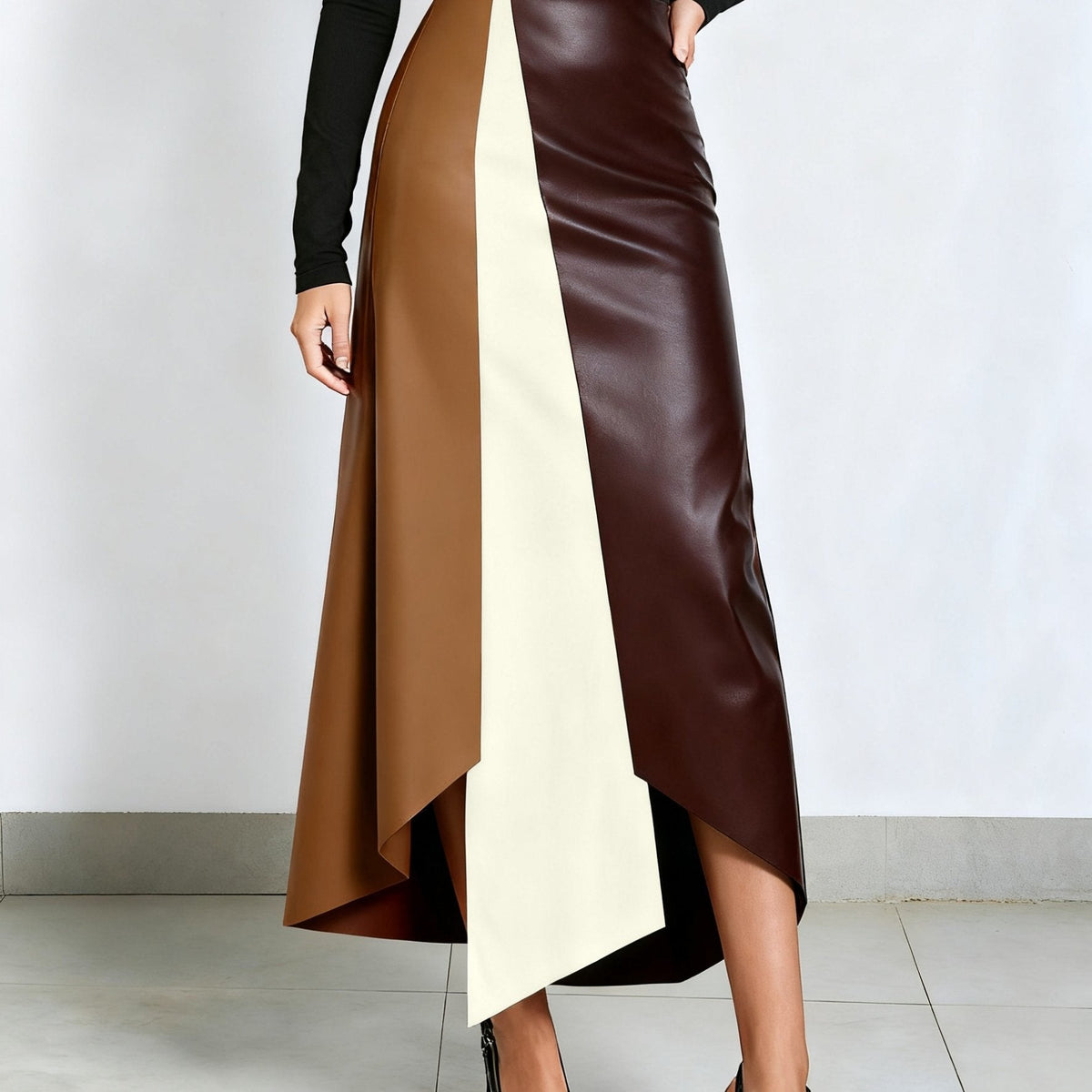 Damen Midirock in A-Linie mit Color-Blocking und asymmetrischem Saum
