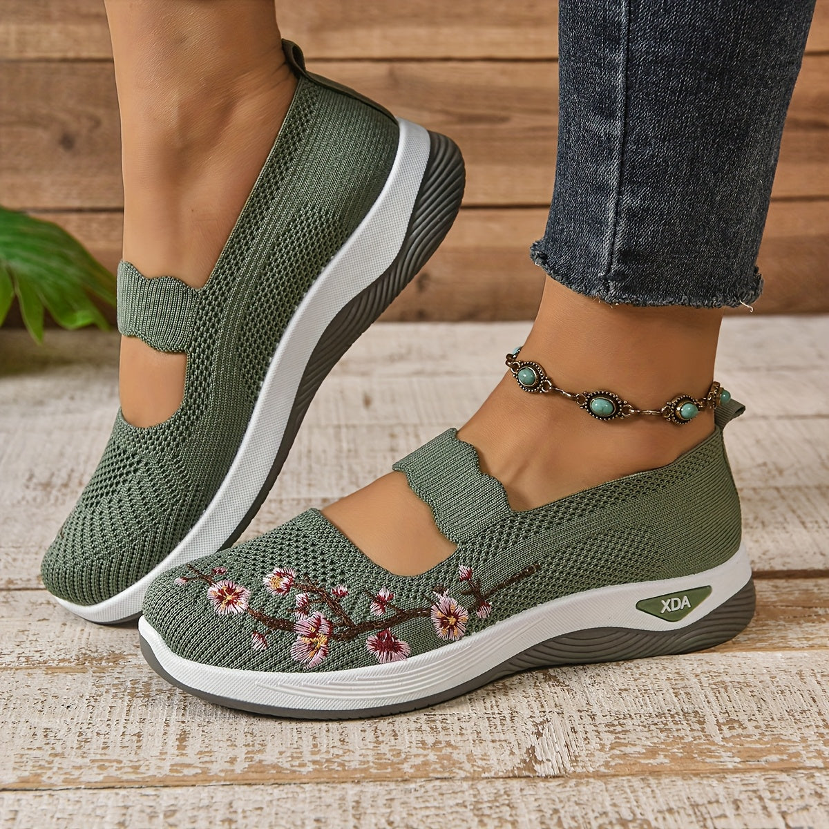 Damen Komfort-Sneaker mit floraler Stickerei und Klettverschluss – Bequeme Freizeitschuhe für Alltag und Spaziergänge