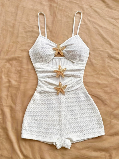 Damen Jumpsuit Einteiler mit Sternverzierung – Strandurlaub, Modernes Cut-Out Design, Romantischer Sommer-Look