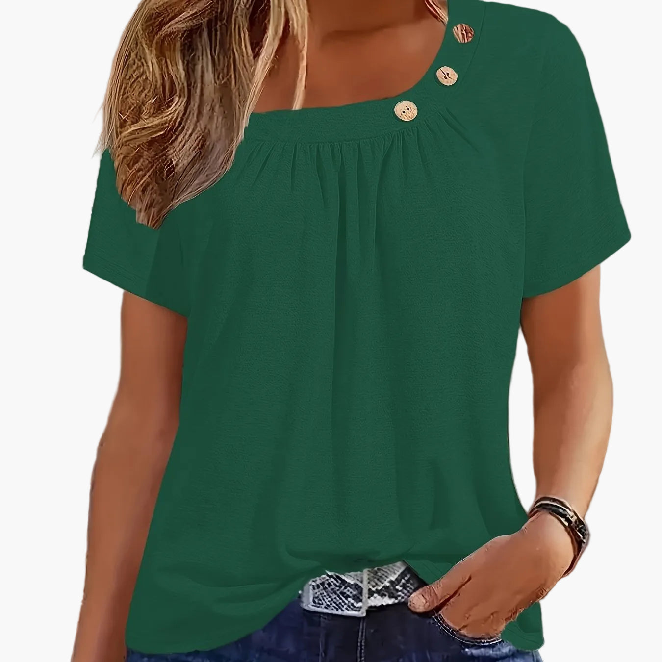 Damen Shirt mit asymmetrischem Ausschnitt und Knopfdetails – Modisches Freizeit Oberteil