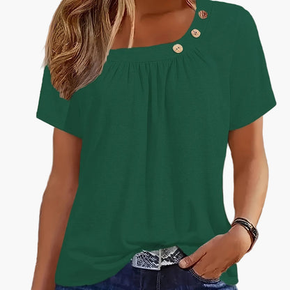 Damen Shirt mit asymmetrischem Ausschnitt und Knopfdetails – Modisches Freizeit Oberteil