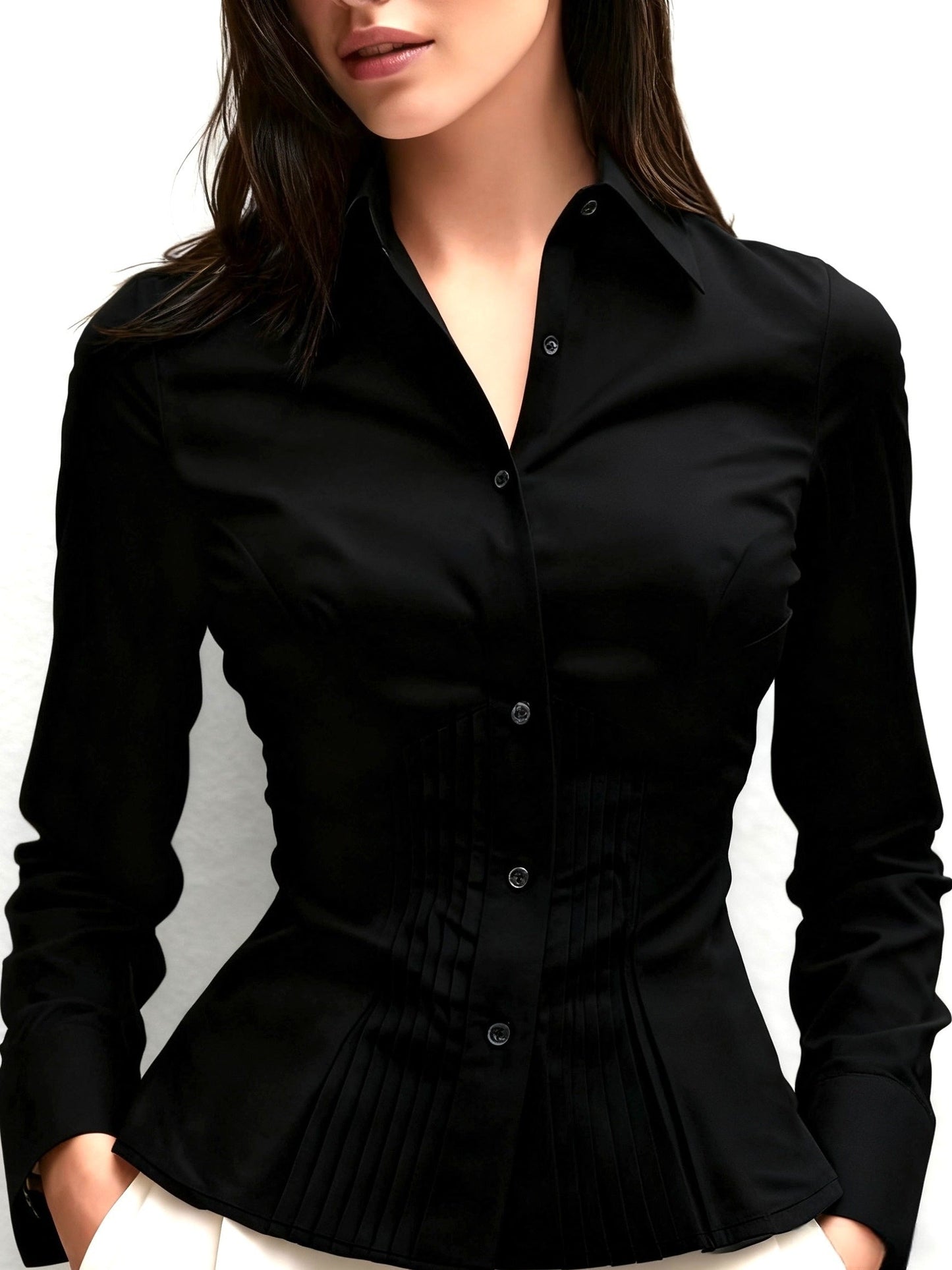 Damen Hemdbluse Tailliert mit Falten Knopfleiste Langarm