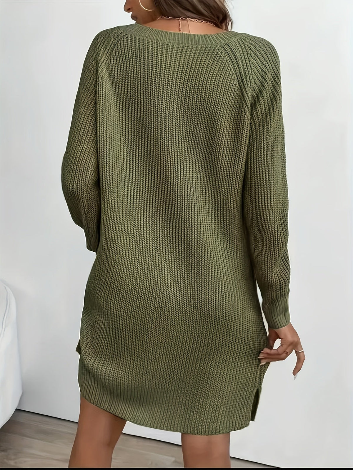Damen Strickkleid V-Ausschnitt Langarm Strickpulloverkleid mit Knopfleiste