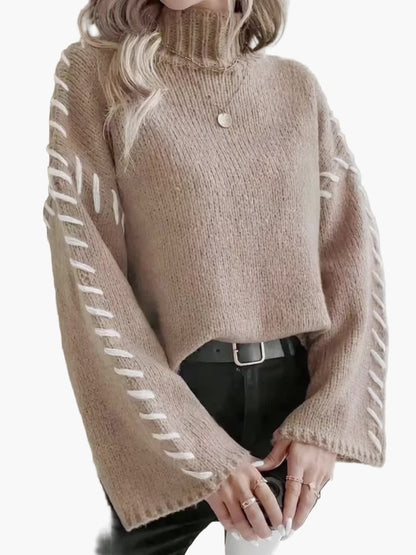 Damen Strickpullover mit weitem Ärmel und Ziernaht – Eleganter Herbst/Winter Pullover mit hohem Kragen