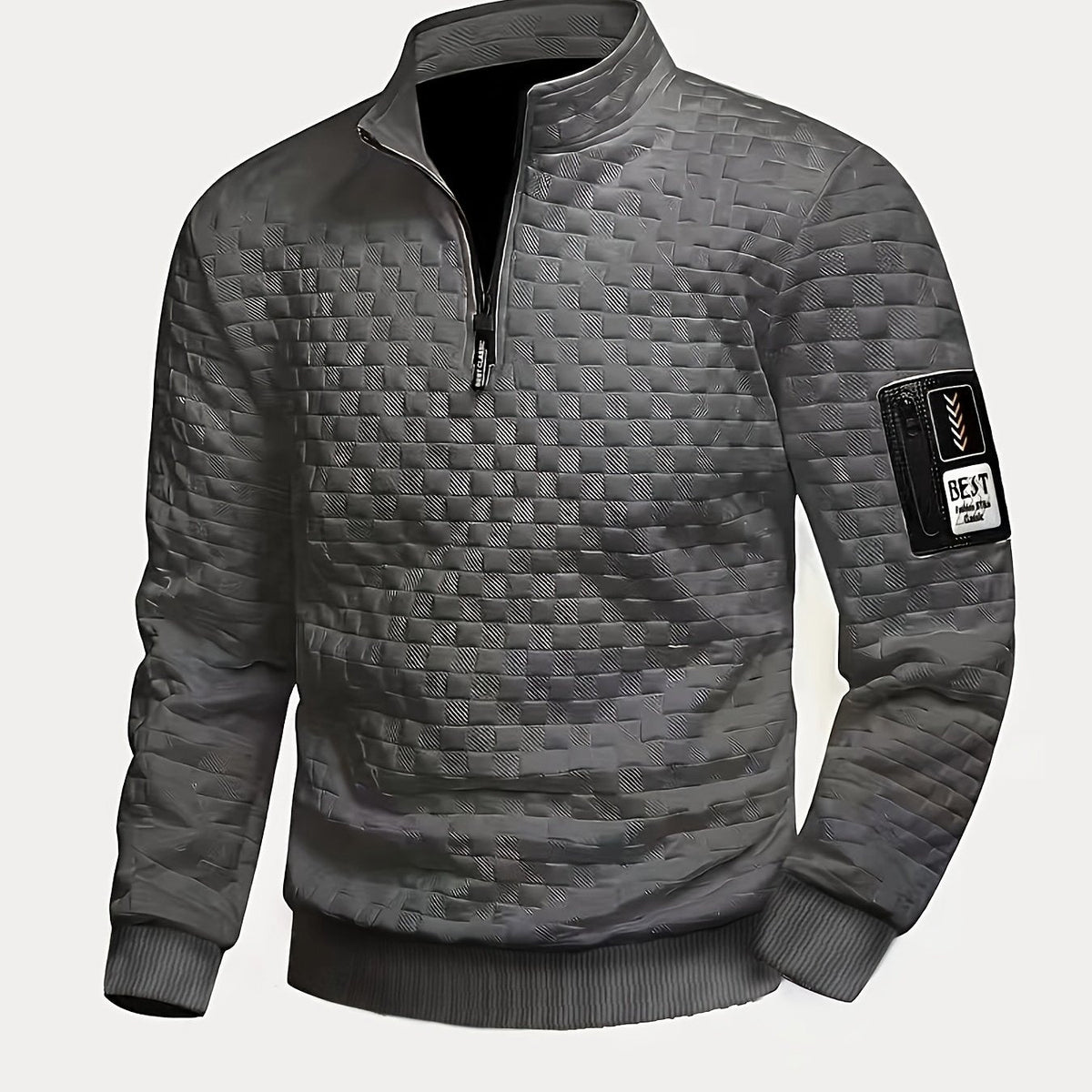Herren Stehkragen Pullover mit Reißverschluss, gesteppt, Schwarz