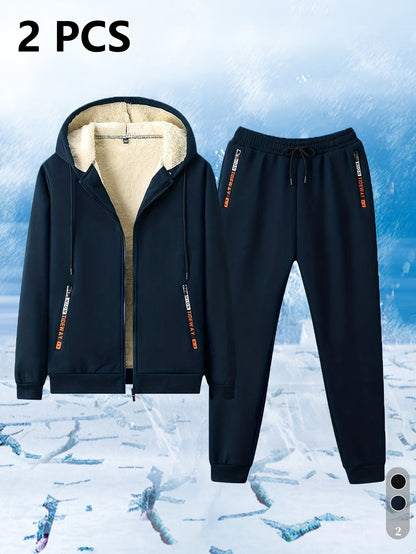 Herren Trainingsanzug gefüttert, Kapuzenjacke mit Reißverschluss & Hose, Blau