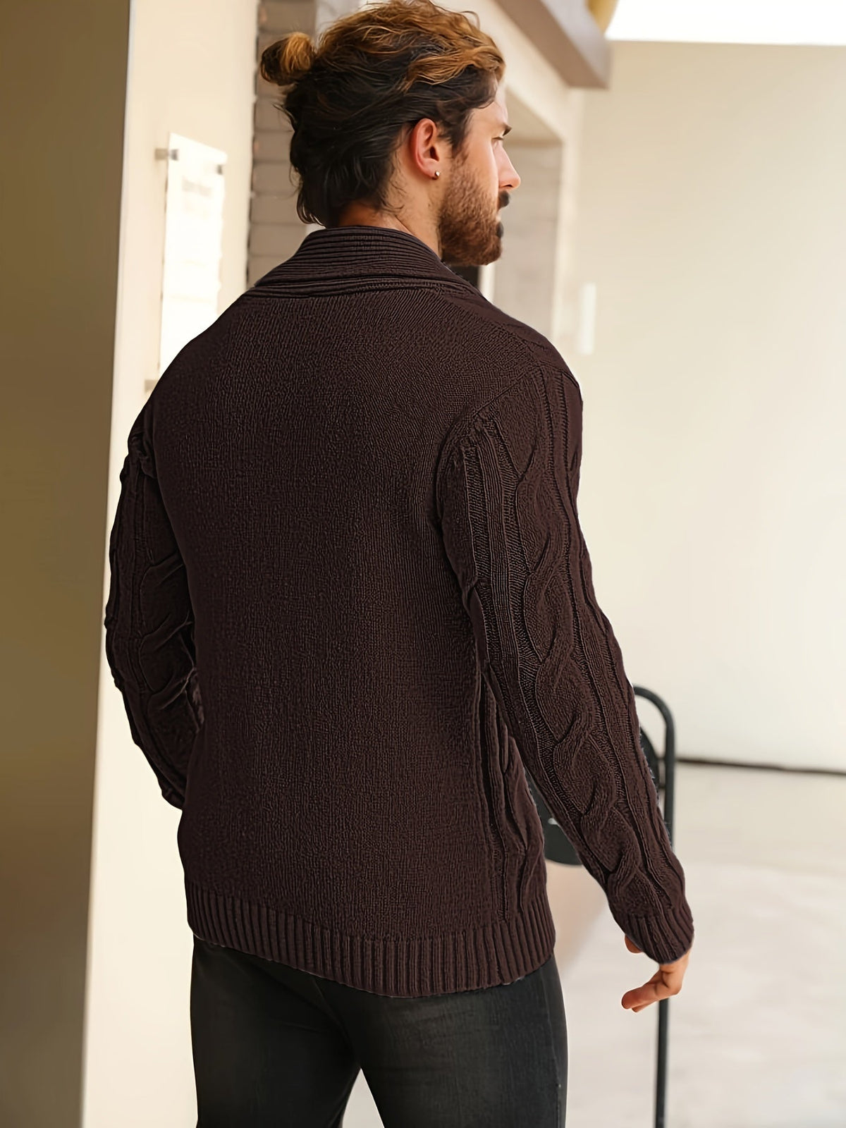 Herren Strickjacke Zopfmuster Schalkkragen Knopfleiste