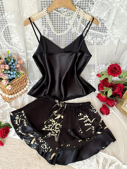 Damen Satin Pyjama Set mit Blumenmuster – Elegantes Schlafanzug-Set für Sommer & Alltag