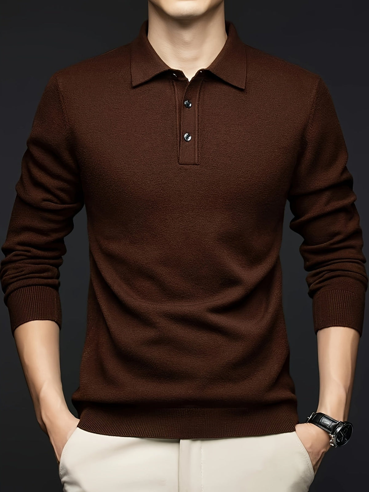 Herren Langarm Poloshirt Strickpullover mit Kragen und Knopfleiste