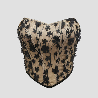 Damen Korsett Top mit 3D Blumenstickerei und Herzausschnitt – Elegantes Party- und Abendoutfit