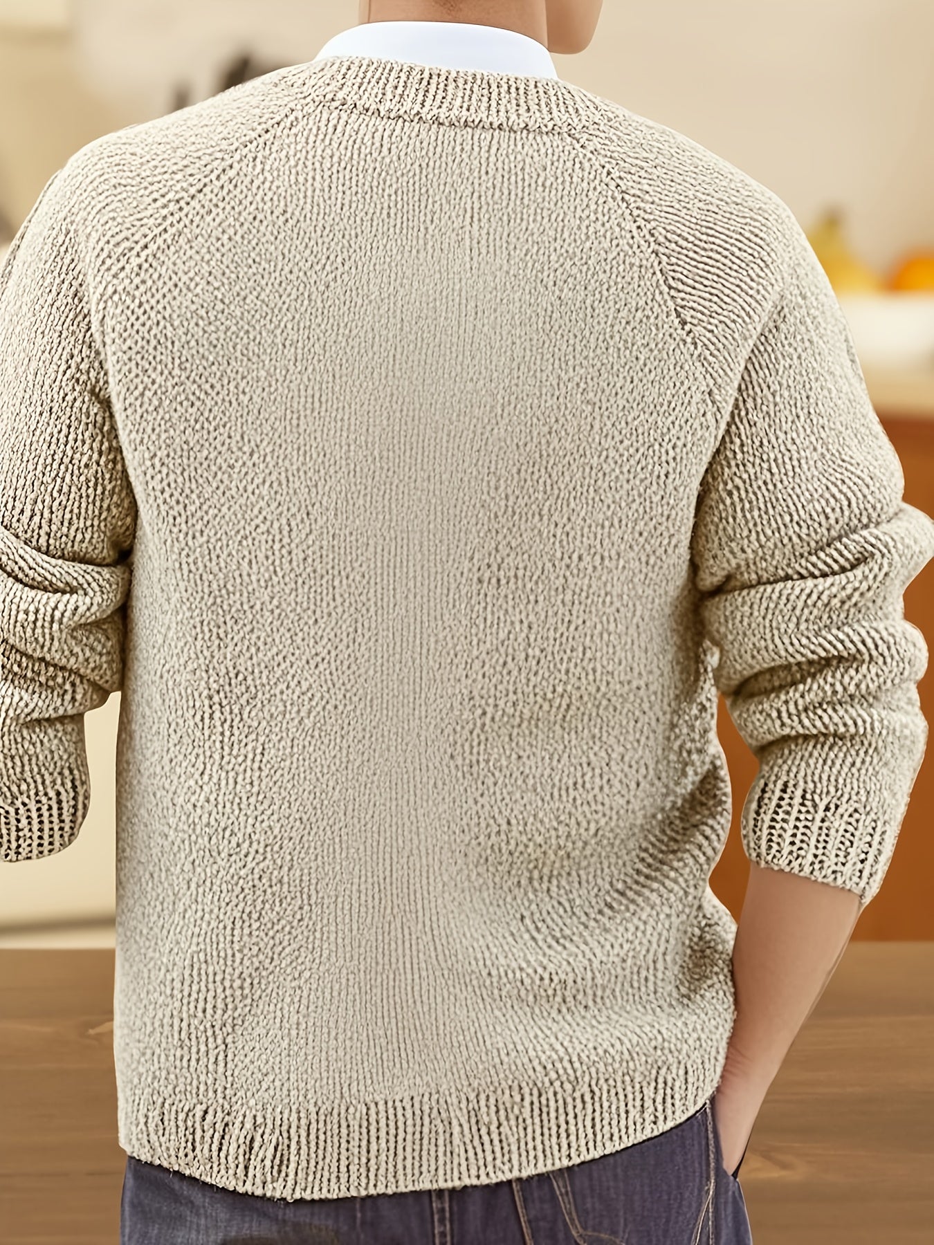 Herren Strickjacke Beige V-Ausschnitt Knopfleiste Lange Ärmel Grobstrick
