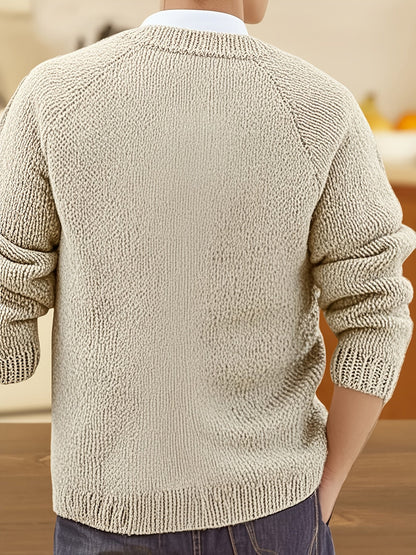 Herren Strickjacke Beige V-Ausschnitt Knopfleiste Lange Ärmel Grobstrick