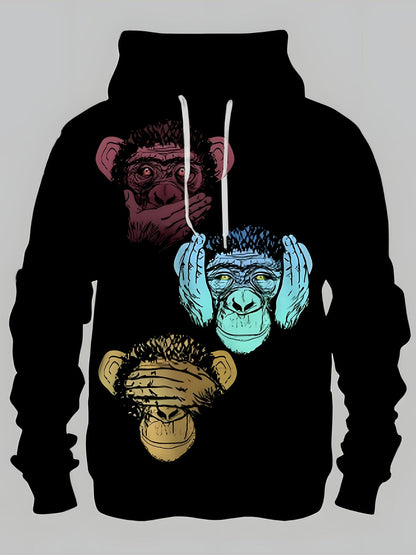 Schwarzer Hoodie mit drei Affen Motiv – Siehe Nichts, Höre Nichts, Sage Nichts