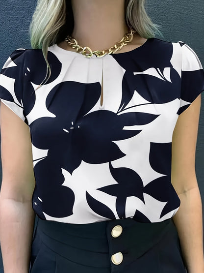 Damen Bluse mit modernem Print, Kurzarm, eleganter Büro- und Freizeitstil