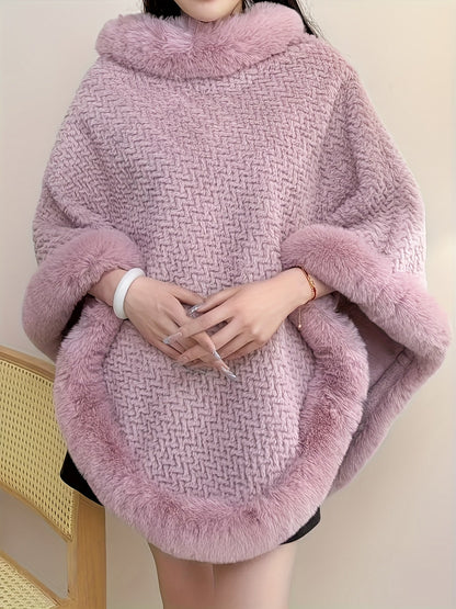 Damen Poncho mit Rollkragen und Kunstfellbesatz - Weiche Strickoptik