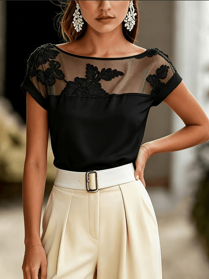 Damen Elegante Bluse mit Floraler Stickerei und Illusion-Ausschnitt – Stilvolle Fest- und Büro-Mode