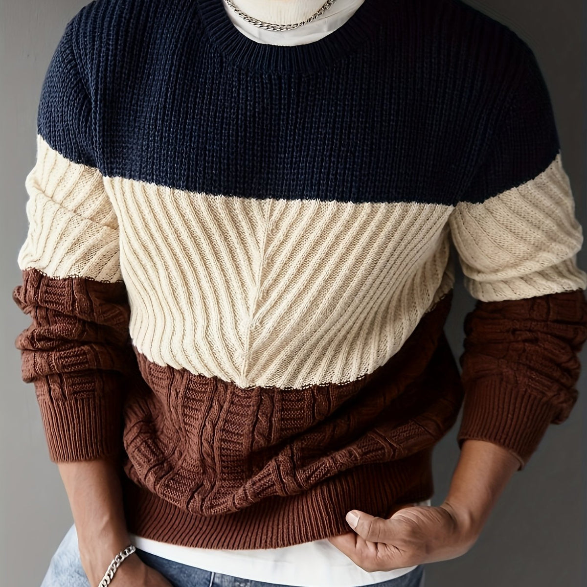 Herren Pullover Farbblock Gerippt Rundhalsausschnitt Langarm
