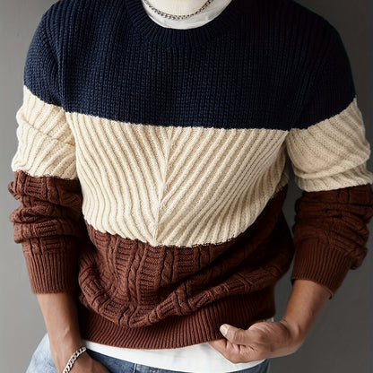 Herren Pullover Farbblock Gerippt Rundhalsausschnitt Langarm