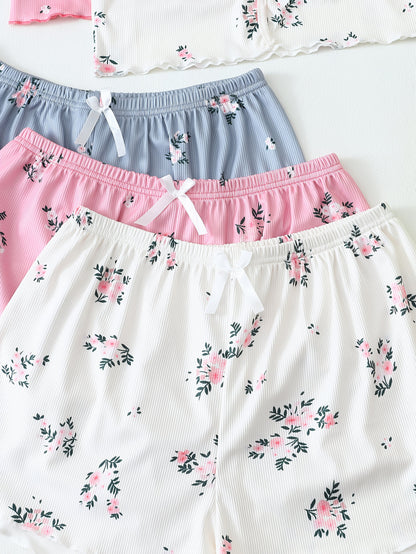 Damen Pyjama Set mit Blumenmuster – 3-teiliges Sommer Schlafanzug Set mit Shorts und Träger-Top, für entspannte Nächte
