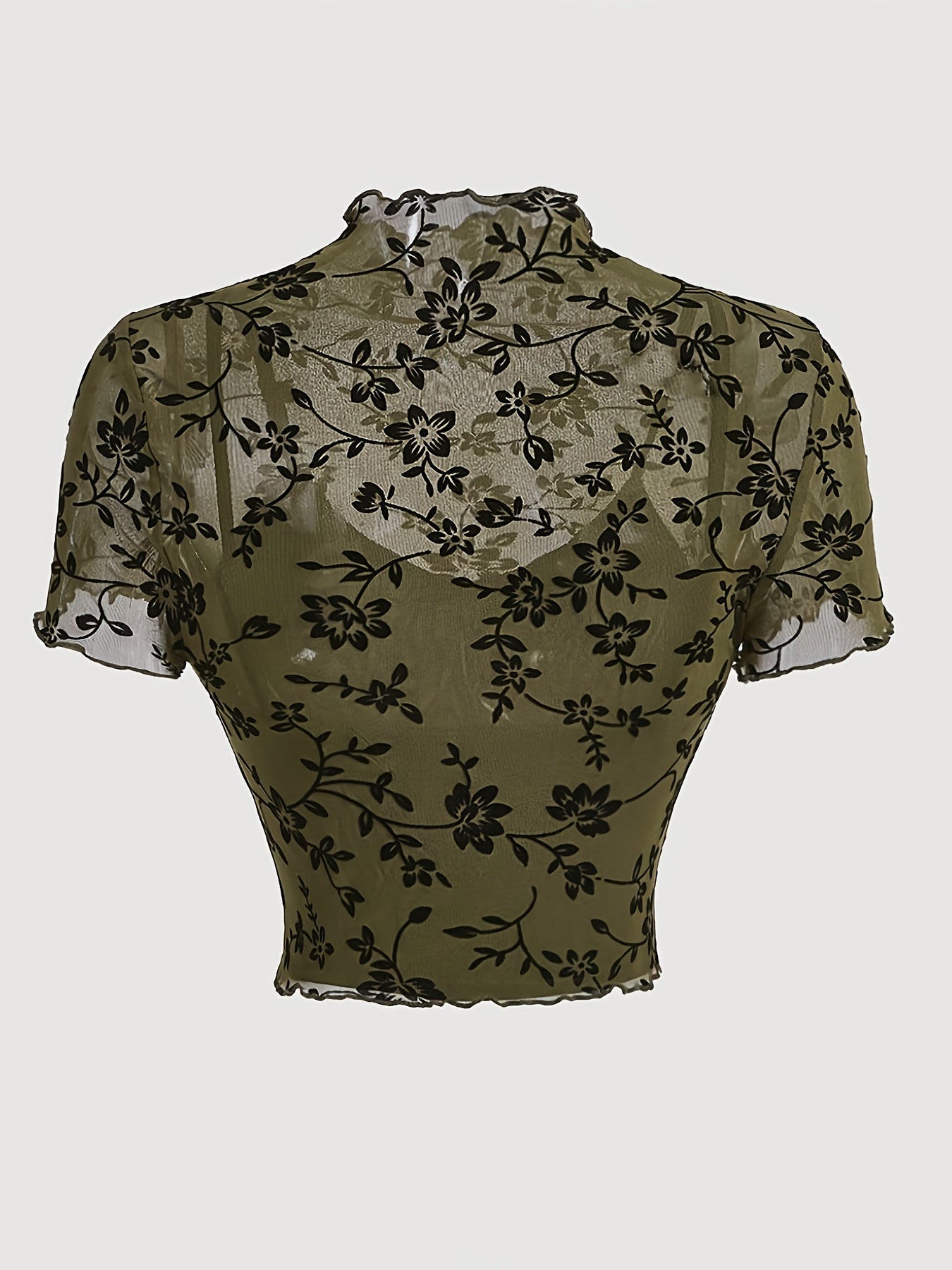 Damen Crop Top Mesh mit Blumenmuster – Elegantes halbtransparentes Shirt für Frühling & Sommer
