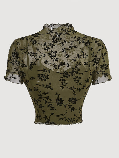 Damen Crop Top Mesh mit Blumenmuster – Elegantes halbtransparentes Shirt für Frühling & Sommer