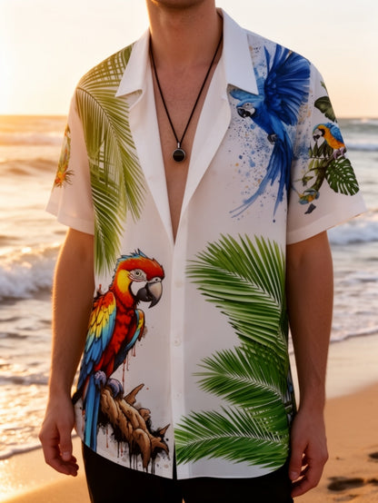Herren Kurzarm-Hemd mit tropischem Papageien-Print und Palmen – Exotisches Freizeithemd für Strand und Urlaub
