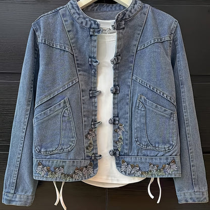 Jeansjacke Damen mit Stehkragen Froschverschlüssen Stickerei und Kordelzug Hellblau