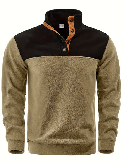 Herren Fleece Pullover Stehkragen Knöpfe Zweifarbig Outdoor