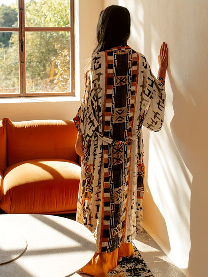 Damen Kimono Lang Boho Stil mit Ethno-Muster – Eleganter Überwurf für Strand, Zuhause & Freizeit