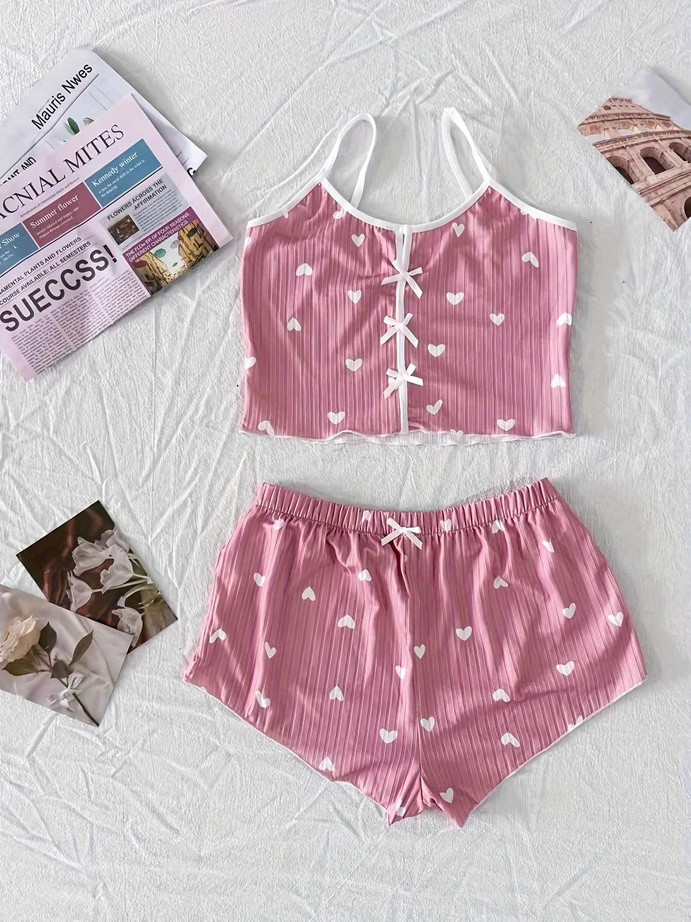 Damen Pyjama Set mit Herzchenmuster – Süßes und Bequemes Schlafanzug-Set für Frauen, Perfekt für den Sommer
