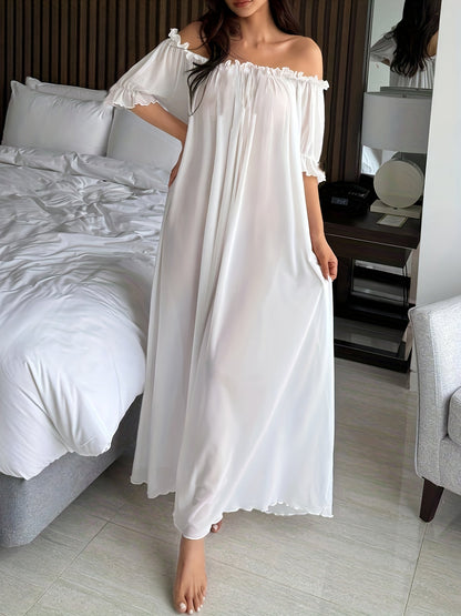 Damen Off-Shoulder Maxikleid Nachtkleid Elegant für Zuhause und Schlafen