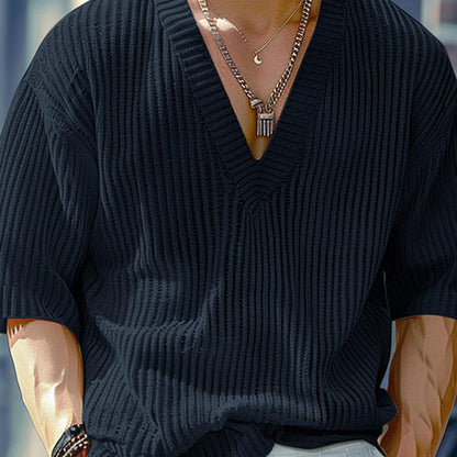 Herren Strickpullover V-Ausschnitt Kurzarm Rippstrick Lässig