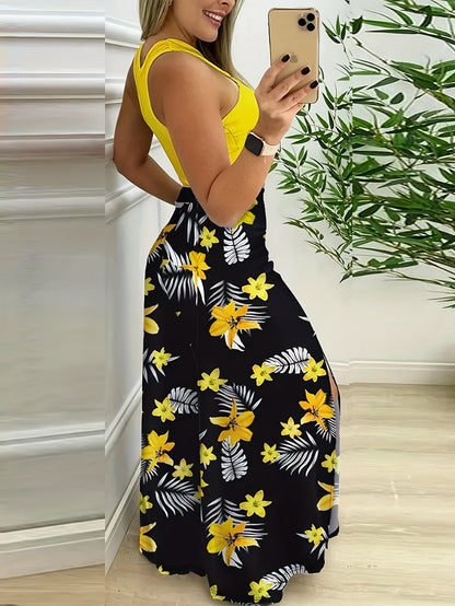 Damen Maxirock mit tropischem Blätterprint und Cut-Out Top – Eleganter Sommer-Look für Freizeit & Urlaub
