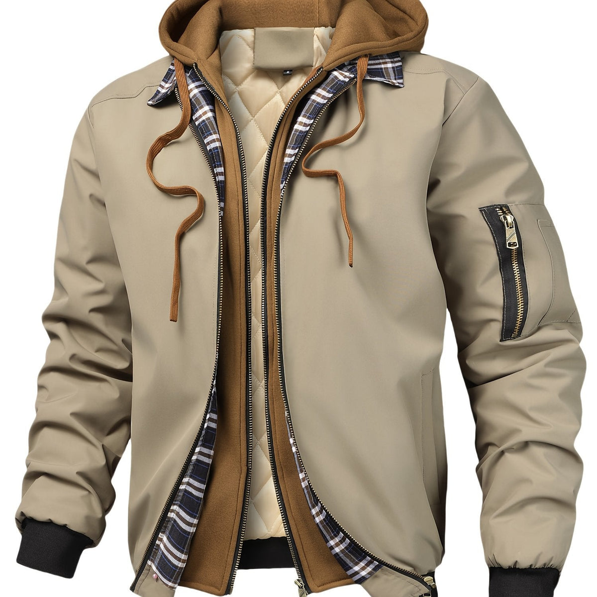 Herren Bomberjacke mit Kapuze Kariertes Futter Reißverschlusstasche Arm Beige