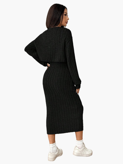 Damen Strickkleid Set Elegant Zweiteiler mit Knopfleiste – Modisch & Vielseitig für Alltag und Freizeit