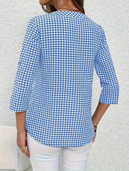 Damen Casual Karo Bluse mit Knopfleiste und 3/4-Ärmeln – Perfekt für Alltag & Büro