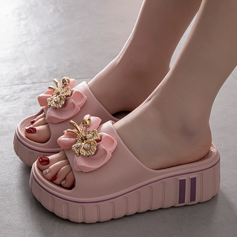 Damen Plateau-Slides mit floraler Applikation und modernem Design – Modische Freizeitsandalen