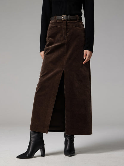 Damen Maxirock Cordoptik Dunkelbraun mit Schlitz