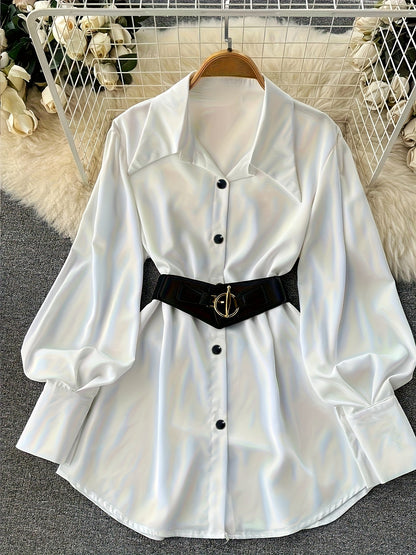 Damen Hemdbluse Langarm Weiß Glänzend mit Kragen und Gürtel