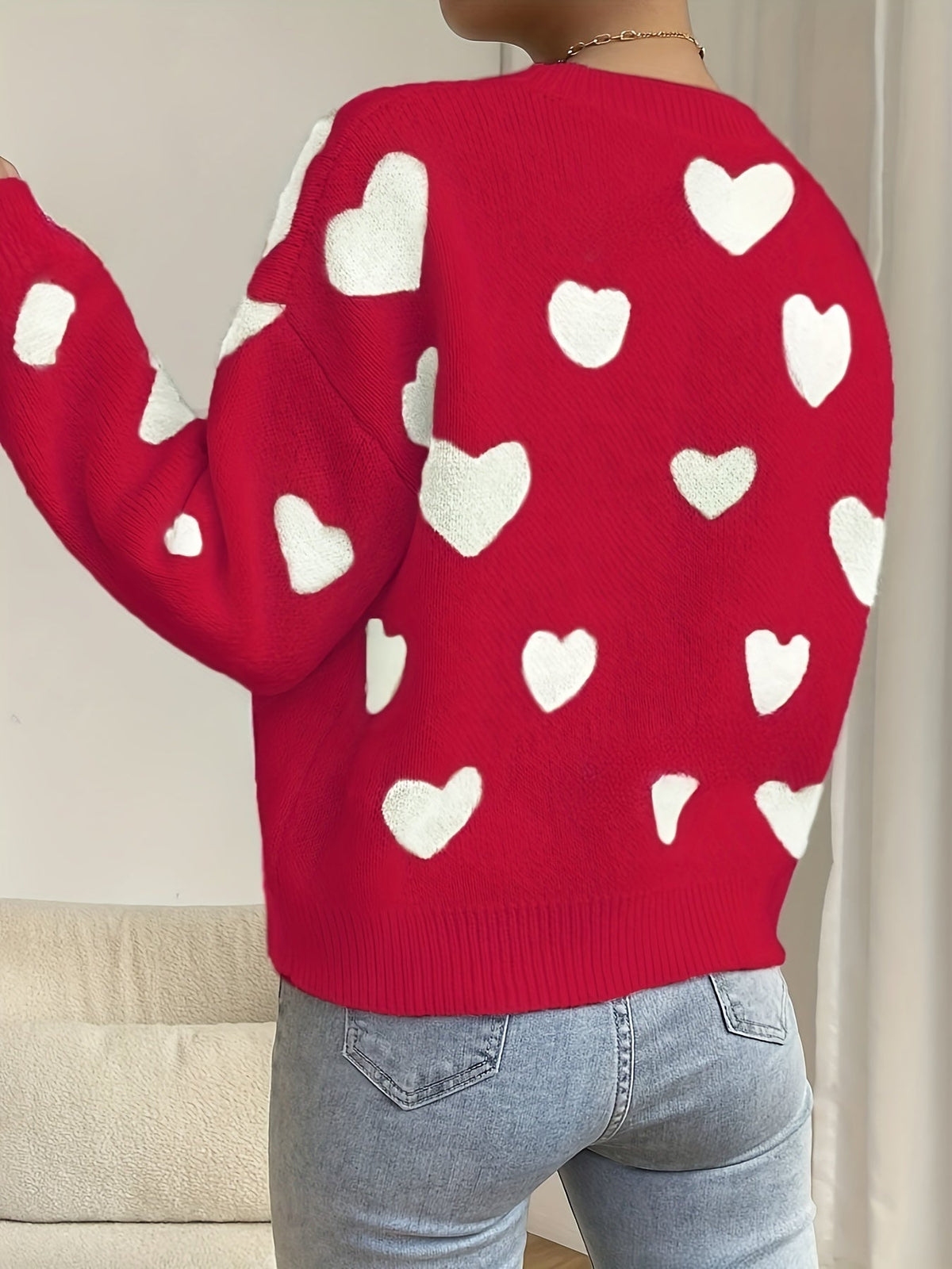 Damen Pullover Rundhals Herzmuster Langarm Strickpullover